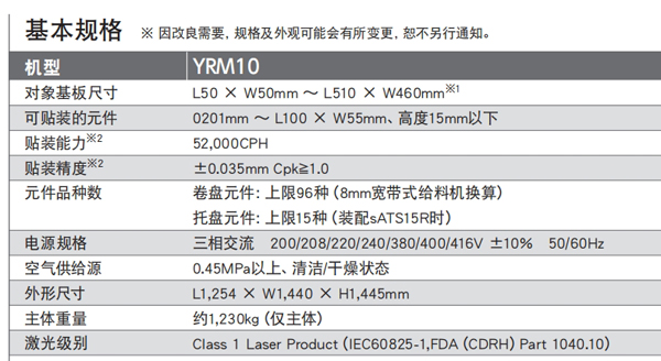 雅马哈贴片机规格参数